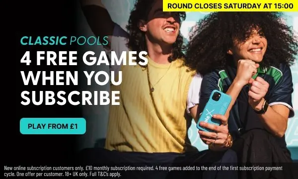 Classic Pools — 4 free games when you subscribe. Play from £1.